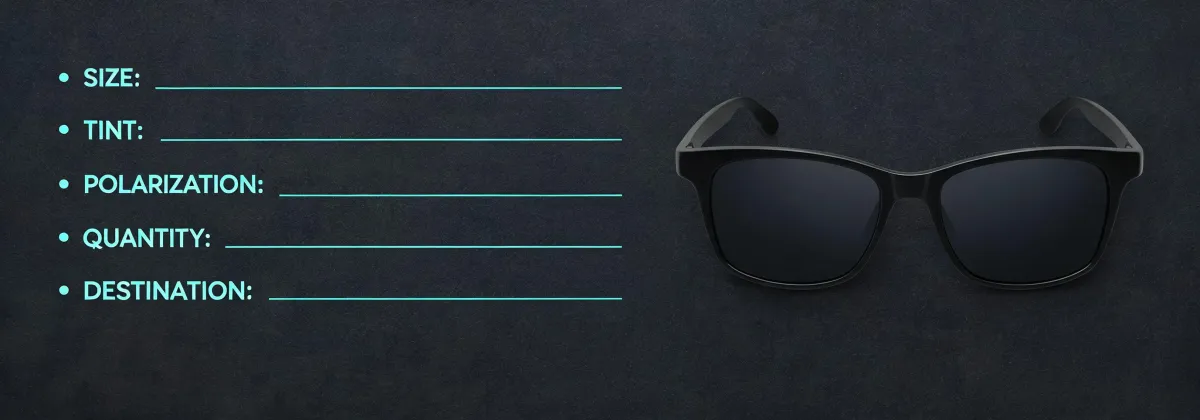 Specification checklist diagram for driving glasses, not a mapped office