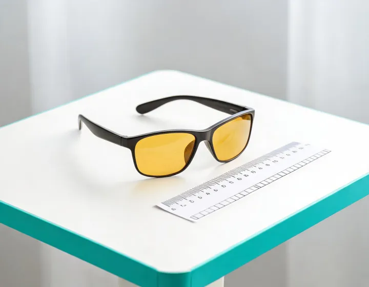 Driving glasses samples beside a millimetre sizing chart on a sourcing desk
